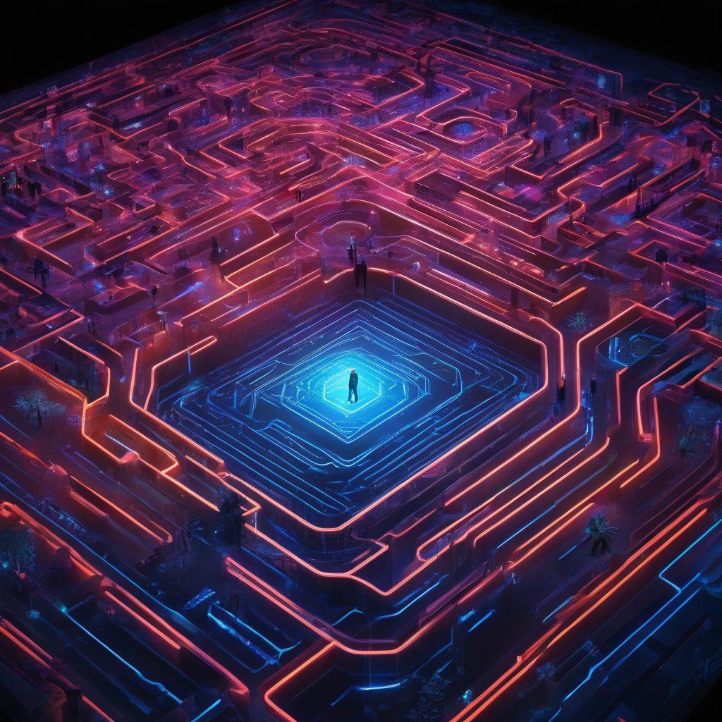 A digital landscape featuring a person navigating a labyrinth made of glowing circuits symbolizing online connections, with vibrant icons representing social media, privacy, and identity scattered throughout. The atmosphere is futuristic with a sense of empowerment and exploration. super-realistic. vibrant colors. 3D.