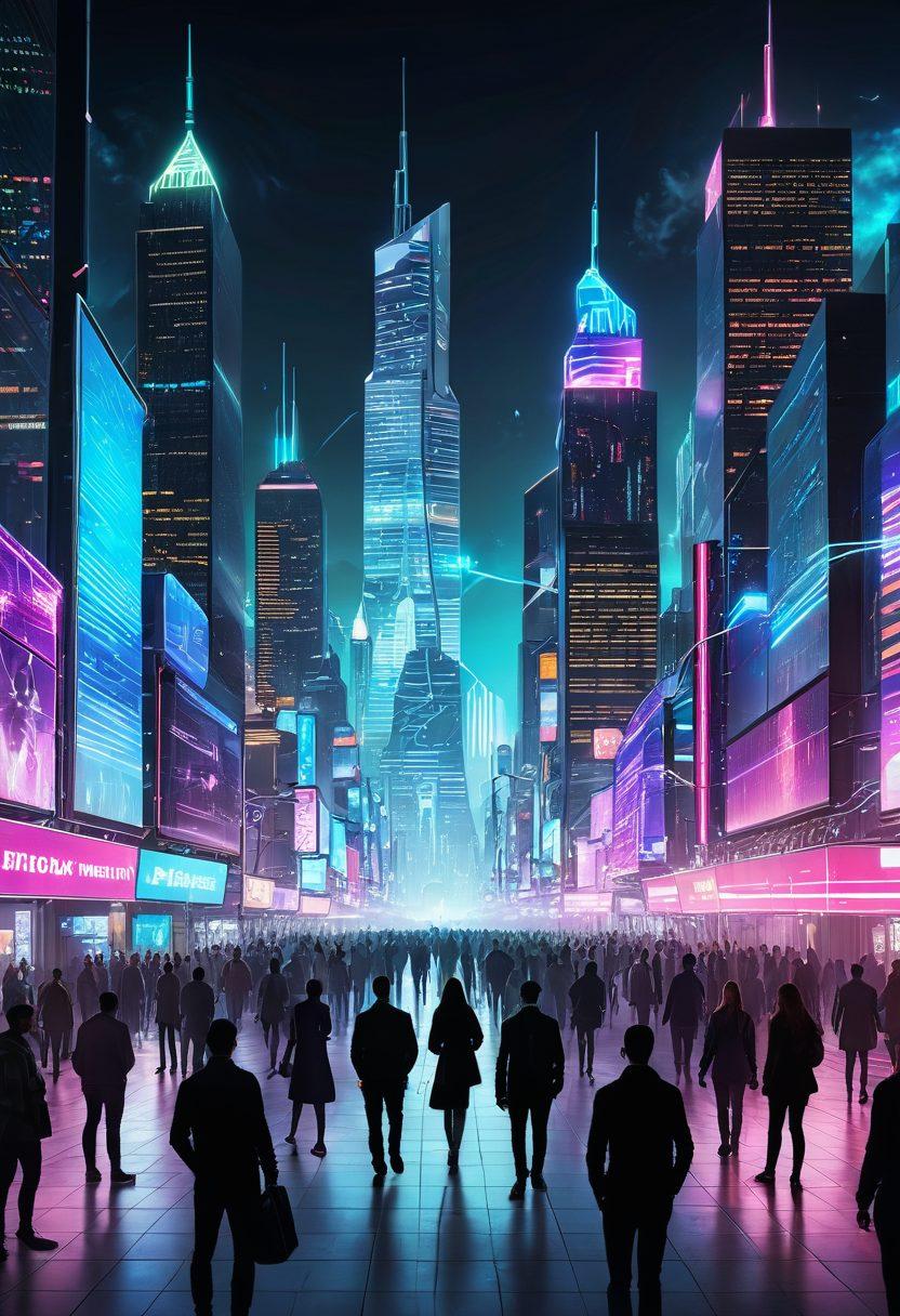 A futuristic cityscape showcasing a network of interconnected digital identities represented as vibrant, glowing nodes. In the foreground, a diverse group of individuals interact with holographic displays illustrating blockchain technology and security. The skyline is illuminated with blockchain motifs and digital circuits, symbolizing empowerment and innovation in identity management. super-realistic. vibrant colors. cyberpunk.