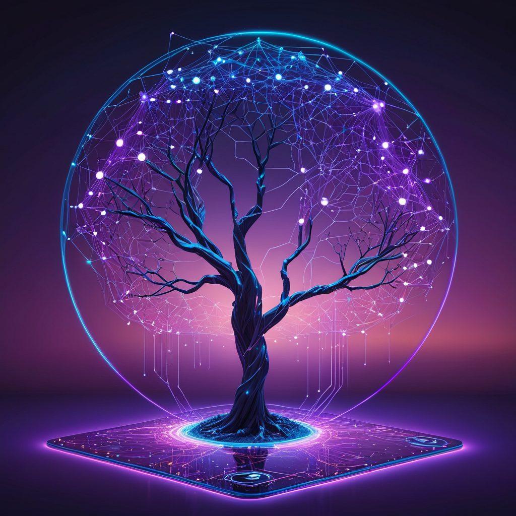 An abstract representation of a digital footprint transforming into a decentralized identity symbol, featuring interconnected nodes and glowing circuits. The background should be a mix of deep blues and purples, suggesting a digital landscape, with silhouettes of diverse people emerging from the footprint. Add hints of technology like blockchain icons subtly integrated into the design. futuristic style. vibrant colors. 3D.